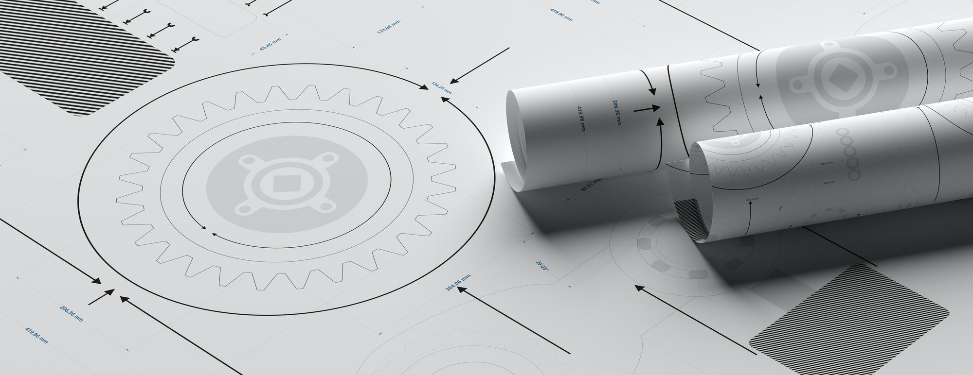 Technical drawings background. Mechanical engineering, industrial design. 3d illustration